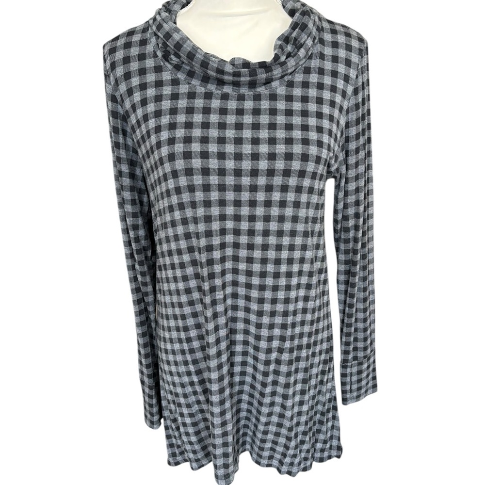Cuddl Duds Womens Black Gray Buffalo Check Cowlneck Long Sleeve Tunic Top